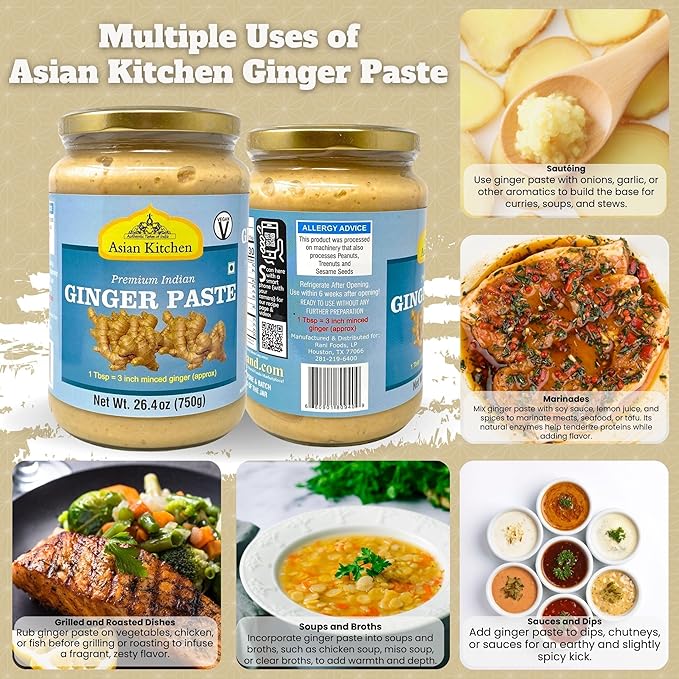 Asian Kitchen Ginger Cooking Paste 26.5oz (750g) Glass Jar ~ Vegan | Gluten Free | NON-GMO | No Colors | Indian Origin