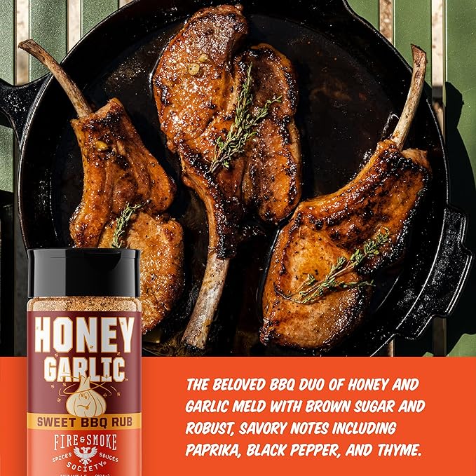 Fire & Smoke Society Honey Garlic BBQ Rub | Seasonings and Rubs for Smoking and Grilling | Pulled Pork Ribs Chicken, Burgers, Dry BBQ Rubs Spices | Honey Garlic, Brown | M 6.5 oz