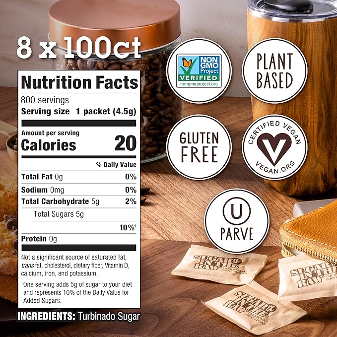 Sugar In The Raw Turbinado Cane Sugar Packets, 100 Ct Box, 8 Pack, Pure, All-Natural Turbinado Sugar, Non-GMO Project Verified, Kosher, Vegan and Gluten Free