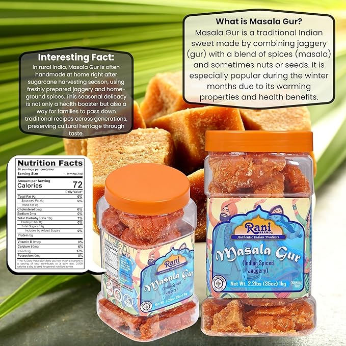 Rani Masala Gur (Jaggery) Indian Unrefined Raw Cane Sugar 35oz (2.2lbs) 1kg PET Jar ~ Gluten Friendly | Vegan | NON-GMO | Kosher | No Salt or fillers | Indian Product