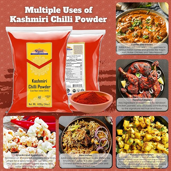 Rani Kashmiri Chilli Powder (Deggi Mirch, Low Heat) Ground Indian Spice 14oz (400g) ~ All Natural, Salt-Free | Vegan | No Colors | Gluten Friendly | NON-GMO | Kosher | Indian Origin