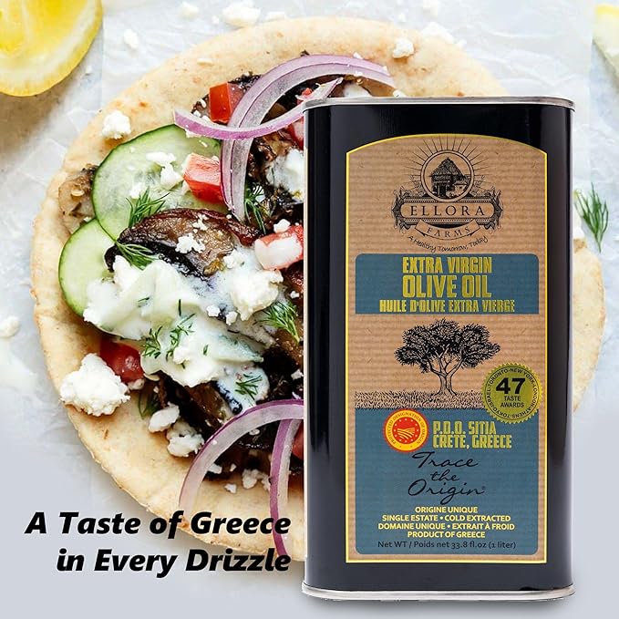 Ellora Farms, Greek Extra Virgin Olive Oil, Certified PDO SITIA, Single Estate, Single Origin, Single Variety, Cold Press & Traceable Olive Oil, Crete, Greece, Kosher, 1 Lt Tin (33.8 oz.)