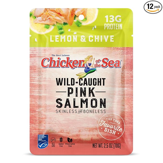 Chicken of the Sea Pink Salmon, 2.5 Ounce Packets (Pack of 12), Wild Caught Salmon, Skinless & Boneless, Lemon & Chive
