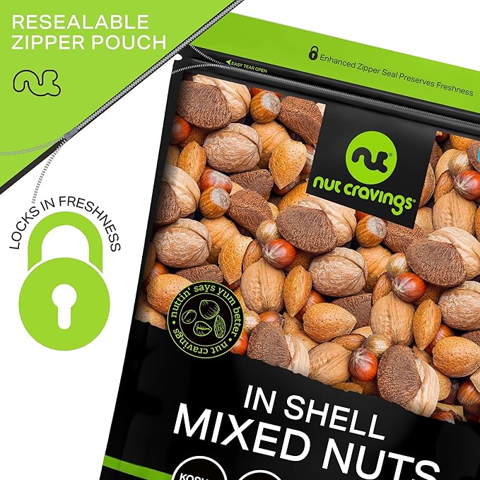 NUT CRAVINGS - Mixed Nuts (In Shell) Brazil, Walnuts, Filberts, Almonds, Pecans (48oz - 3 LB) Packed Fresh in Resealable Bag - Healthy Snack, Food Assortments