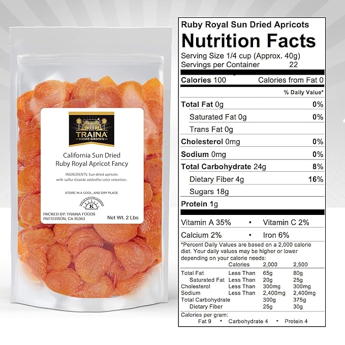 Traina Home Grown California Sun Dried Ruby Royal Apricot Halves - SEASONAL/LIMITED - Healthy, No Sugar Added, Non GMO, Gluten Free, Kosher Certified, Vegan, Packed in Resealable Pouch (2 lbs)