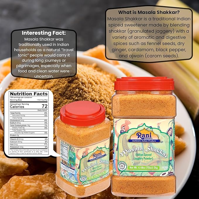 Rani Masala Shakkar (Indian Spiced Jaggery Powder) Unrefined Raw Cane Sugar 70oz (4.4lbs) 2kg PET Jar ~ Gluten Friendly | Vegan | NON-GMO | Kosher | No Salt or fillers | Indian Product