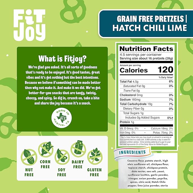 FitJoy Hatch Chile Lime Pretzels (Pack of 6, 5 Oz) - Dairy, Nut & Gluten Free Snacks - Grain Free Cassava Root & Chickpea Flour Vegan Pretzel Twists - Classic Snack Pretzels for Moms and More