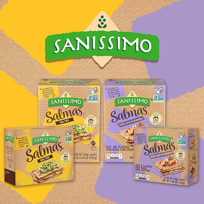 Sanissimo Salmas Chia & Flaxseed, 40 Packs of 3 Crackers, Oven Baked Corn Crackers, Gluten Free, Non-GMO, Kosher Certified