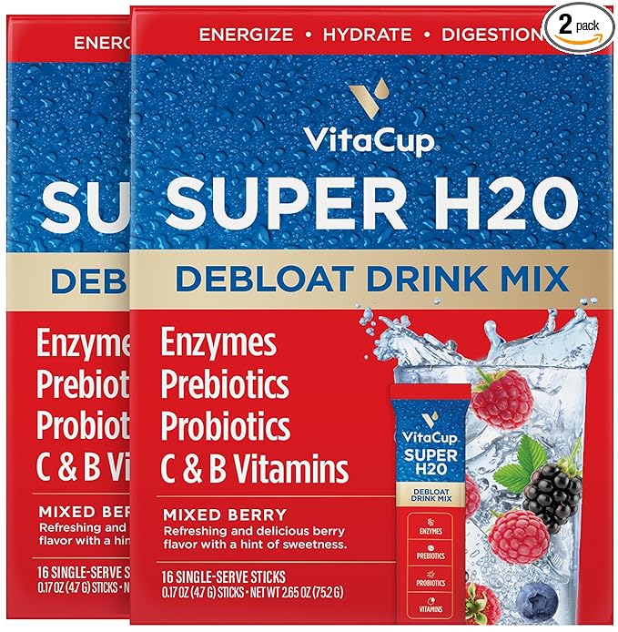 VitaCup Super H2O Bloating Relief and Digestive Health Drink Mix Packets, Probiotics, Prebiotics, C & B Vitamins, Mixed Berry Flavor Water Enhancer Packets, 32 Ct