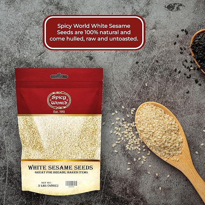 Spicy World White Sesame Seeds 3 LB Bag - Natural, Raw, Hulled, Non-GMO, Bulk Resealable Bag