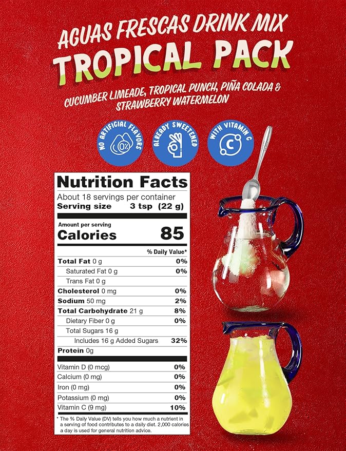 Klass Aguas Frescas | Drink Mix | Variety Pack Of Mixed Flavors | Pina Colada, Cucumber Limeade, Tropical Punch & Strawberry Watermelon | Flavors From Natural Sources, No Artificial Flavors With Vitamin C (Makes 7 to 9 Quarts) 14.1 Oz Family Pack (4-Pack)
