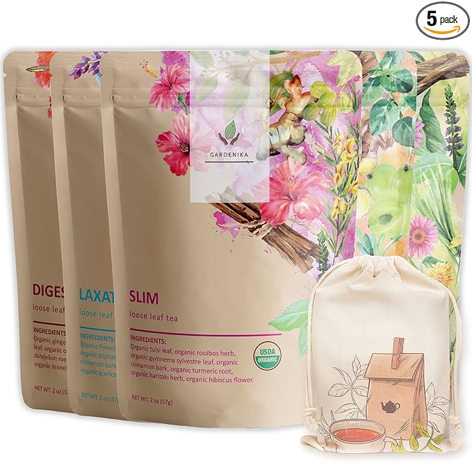 Gardenika Organic Loose Leaf Tea Set - Herbal and Caffeine-Free Variety - Kosher, No Natural or Artificial Flavors - 5 Pack