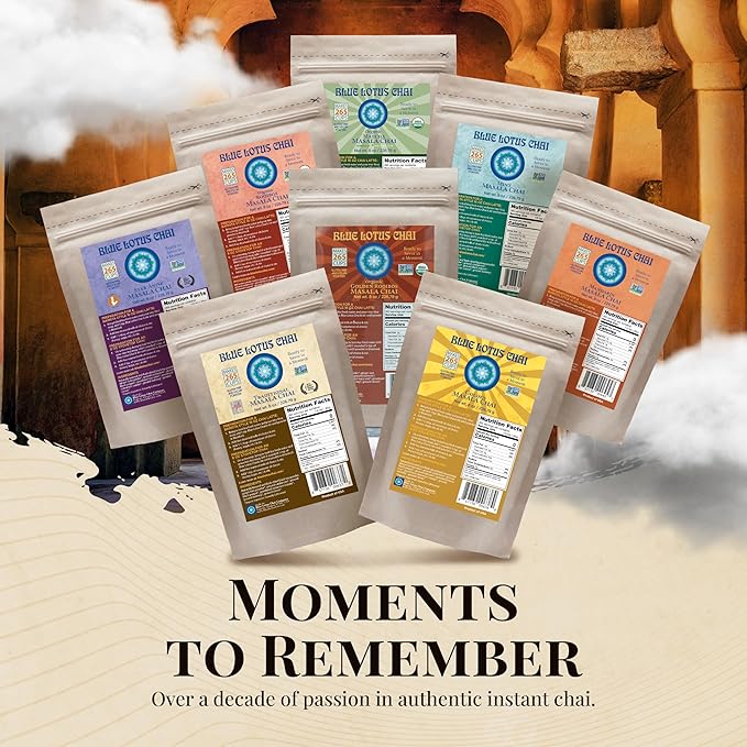 Blue Lotus Chai – Golden Masala Chai with Turmeric and Maca - Makes 265 Cups – Just Add Hot Water, No Steeping, No Gluten - 8 Ounce Masala Chai Powder with Organic Spices – Authentic Indian Tea
