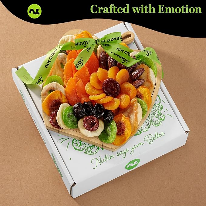 NUT CRAVINGS - Diwali Rosh Hashana & Shana Tova Dried Fruit Flower Arrangement in Wooden Apple-Shaped Gift Basket + Tray (9 Assortment) Healthy Snack Care Package, Food Assortments