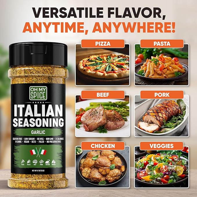 Italian Seasoning Blend Garlic Powder Mix - Gluten Free & Low Sodium Pizza Seasonings for Bruschetta & Spaghetti. Garlic and Herb Seasoning for Italian Food. Mediterranean Spices Pizza Toppings. 4.7oz