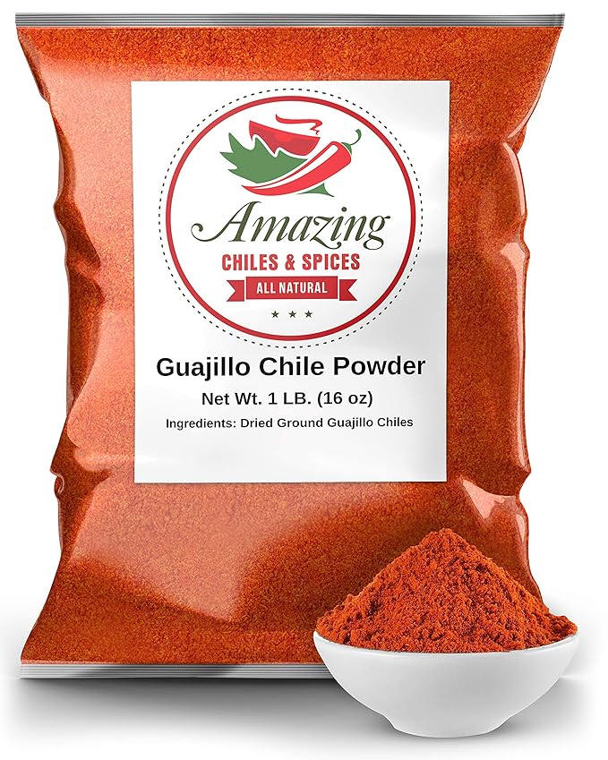 Guajillo Chile Powder Ground 1 LB (16oz) – Natural and Premium. Great For Chili, Sauces, Stews, Salsa, Meat Rubs, Enchiladas, Mole and Tamales. Tangy Spicy-Sweet Flavor By Amazing Chiles and Spices