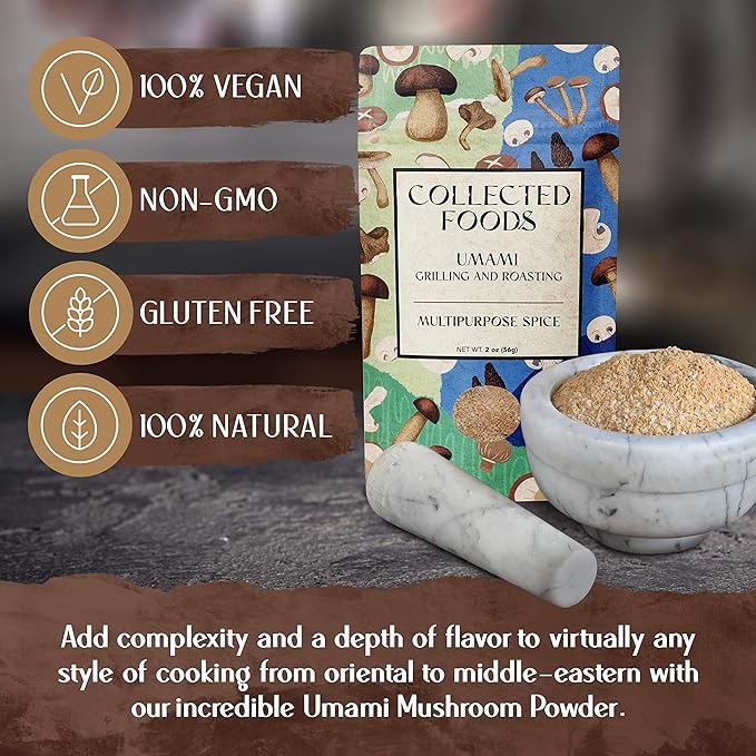 Umami Mushroom Salt by Collected Foods ??Gourmet Small-Batch Umami Seasoning with Shiitake and Porcini Mushrooms ??All-Purpose Flavor Booster for Steak, Chicken, Veggies, Soups, and Popcorn ??2oz