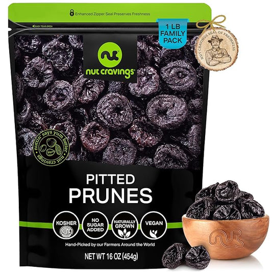 NUT CRAVINGS - Dried Prunes Pitted Unsweetened, Dry Plums No Sugar Added, Unsulphured (16oz, 1 LB) Bulk Dry Fruits Packed Fresh in Resealable Bag - Sweet Healthy Snack, Naturally Grown, Vegan, Kosher