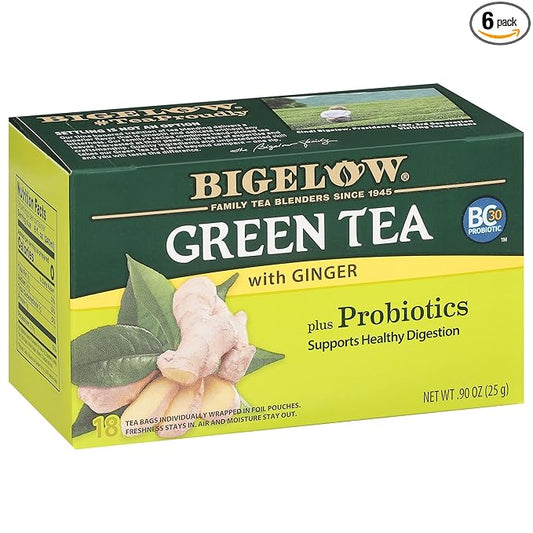 Bigelow Tea Green Tea with Ginger Plus Probiotics, Caffeinated Tea with Ginger, 18 Count Box, (Pack of 6), 108 Total Tea Bags