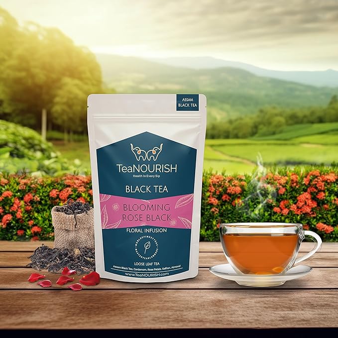 TeaNOURISH Blooming Rose Black Tea | Assam Loose Leaf Tea | Robust & Flavorful | Blended with Rose Petals, Cardamom, Saffron & Almond | 100% NATURAL INGREDIENTS - 3.53oz/100g