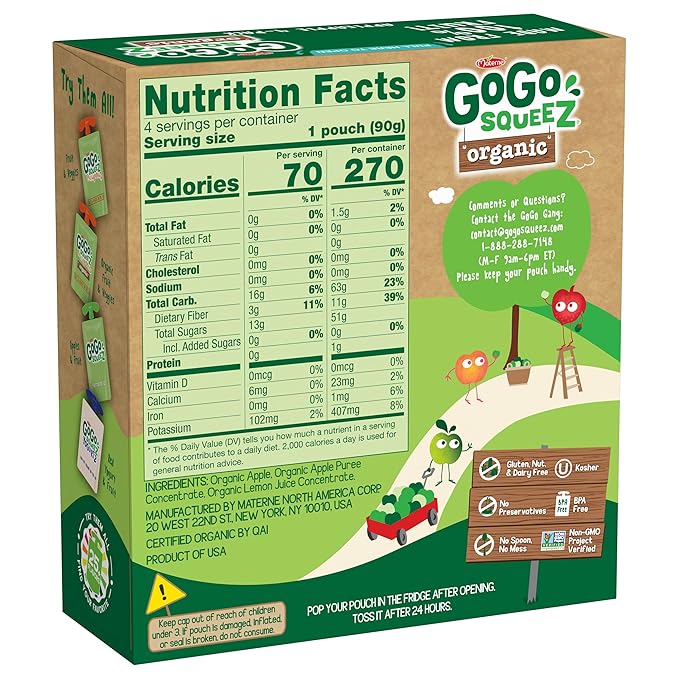 GoGo squeeZ Organic Applesauce and Fruit Puree, Apple Apple, 3.2 oz (Pack of 48), Unsweetened Organic Fruit Snacks for Kids, Gluten Free, Nut Free and Dairy Free, Recloseable Cap, BPA Free Pouches
