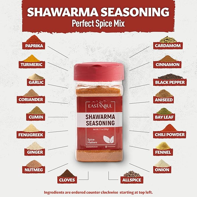 Eastanbul Shawarma Seasoning, 7.1oz, Shawarma Spice Blend, All-in-One Baharat Spice Blend of Middle Eastern & Mediterranean Seasonings, Perfect for Meat, Vegetables and Chicken, Sodium Free