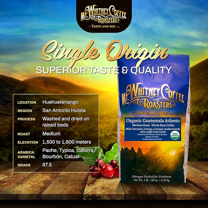 Mt. Whitney Guatemala Adiesto Cooperative Organic Low Acid - Whole Bean Coffee (Whole, 5 lb)