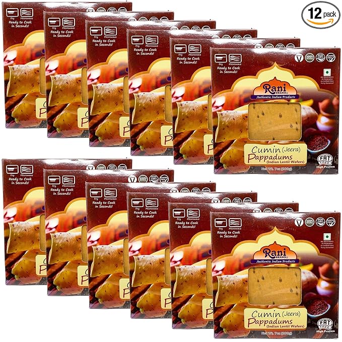 Rani Pappadums (Indian Lentil Wafer Snack) Jeera (Cumin) Papad 7oz (200g) Approximately 15pc, 7 inches, Pack of 12 ~ All Natural | Gluten Friendly | NON-GMO | Vegan | Indian Origin
