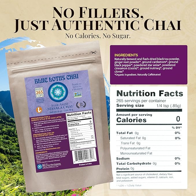 Blue Lotus Chai – Star Anise Masala Chai - Makes 265 Cups – Just Add Hot Water, No Steeping, No Gluten - 8 Ounce Masala Chai Powder with Organic Spices – Authentic Indian Tea