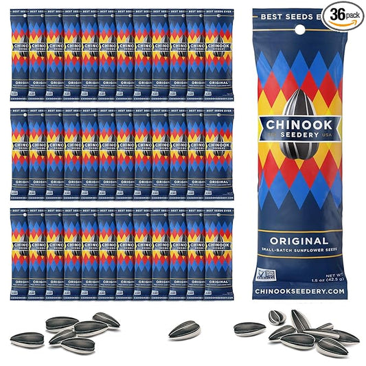 Chinook Seedery Roasted Sunflower Seeds to Eat - 1.5 oz (Pack of 36) Original - Jumbo Low Sodium Sunflower Seeds Keto Snacks - Adventure, Baseball, School Snacks - Gluten Free, Non GMO Snacks