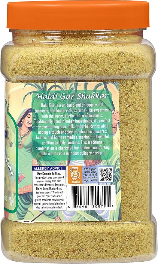 Rani Haldi Gur Shakkar (Turmeric with Indian Jaggery) Indian Unrefined Raw Cane Sugar 17.5oz (1.1lbs) 500g PET Jar ~ Gluten Friendly | Vegan | NON-GMO | Kosher | No Salt or fillers | Indian Product