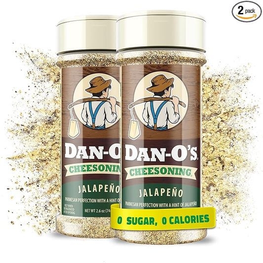 Dan-O's Jalapeño Cheesoning Seasoning, 2.6 oz Bottle, 2 Pack, Cheesy Seasoning for Pizza, Popcorn, Chicken, Bread and More, Sugar Free, Zero Calorie, Parmesan Cheese Replacement for your Favorite Food