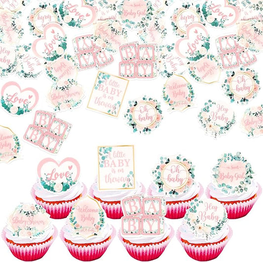 64 PCS Edible Baby Shower Cupcake Toppers Wafer Paper Floral Leaves Welcome Baby Girl Cupcake Picks Edible Love Baby in Bloom Cake Decorations for Gender Reveal Theme Girls Birthday Party Supplies