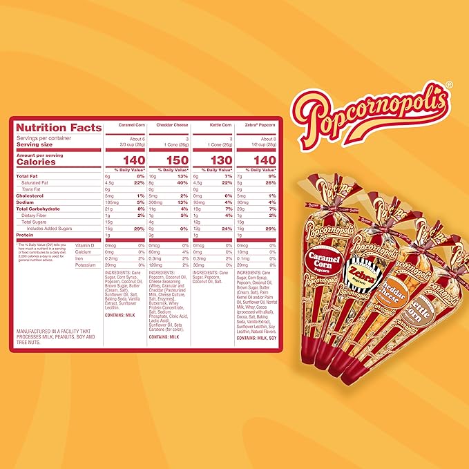 Popcornopolis Gourmet Popcorn Mini Cones Variety Pack ??10 Each of Zebra, Cheddar Cheese, Caramel & Kettle Corn Popcorn, Great for Gifting, Parties & Snacks, (40-Count Case)