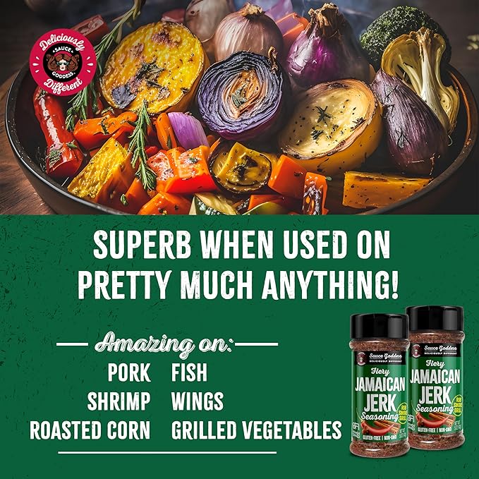 Sauce Goddess Fiery Jamaican Jerk Spice Shaker (2-Pack) - Seasonings and Spices for Cooking with Caribbean Flavors! For Chicken, Pork, Seafood & More - Low Sugar, Low Sodium, Fat-Free, Vegan Friendly