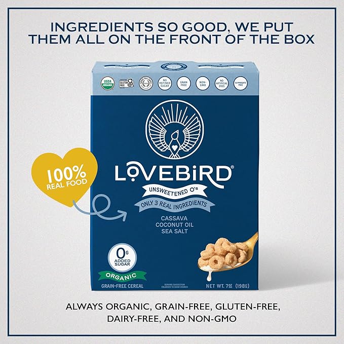 Lovebird Organic Gluten Free Cereal, Sampler Pack ??Prebiotic Fiber, Gut Health, Low Sugar, Grain Free, Breakfast or Snack ??Healthy Cereal Made With Real Food, 5 Pack, Kids & Adults