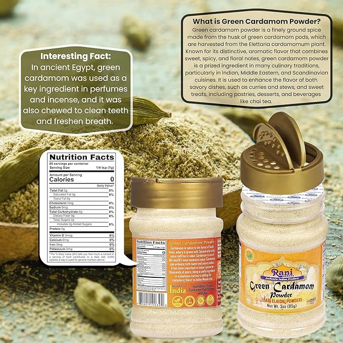 Rani Green Cardamom Pods Powder, Ground with Green Husks (Hari Elachi) 3oz (85g) PET Jar ~ All Natural | Vegan | Gluten Friendly | NON-GMO | Kosher | Product of India