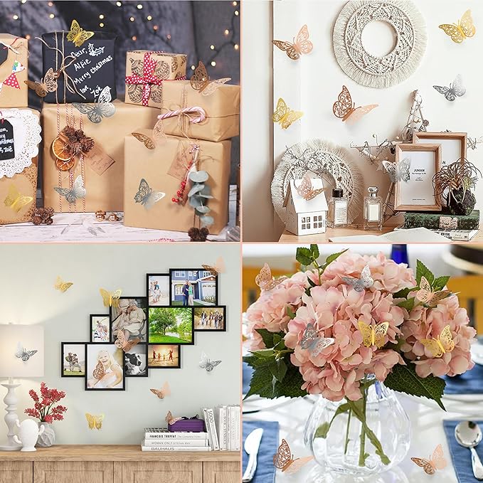 Crosize 72 Pcs Butterfly Decorations, 3 Sizes 3 Styles, 3D Butterfly Wall Decor, Butterfly Party Decorations, Birthday Decorations, Butterflies for Crafts, Cake Decorating(Rose Gold & Gold & Silver)