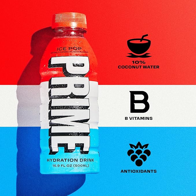 PRIME Hydration ICE POP, Sports Drinks, Electrolyte Enhanced for Replenishing Fluids, 250mg BCAAs, B Vitamins, Antioxidants, Low Sugar, 16.9 Fl Oz, 12 Pack