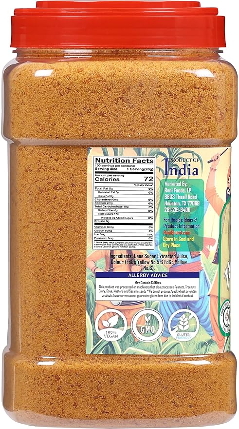 Rani Punjabi Shakkar (Gur Jaggery Powder) Indian Unrefined Raw Cane Sugar 70oz (4.4lbs) 2kg PET Jar ~ Gluten Friendly | Vegan | NON-GMO | Kosher | No Salt or fillers | Indian Product