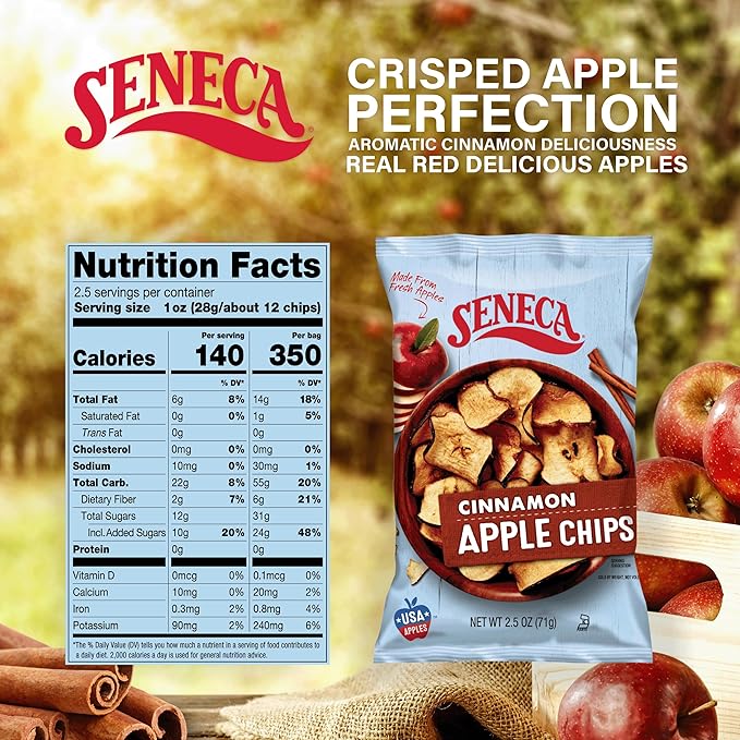 Seneca Cinnamon Apple Chips | Made from Fresh Apples | 100% Red Delicious Apples | Yakima Valley Orchards | Real Cinnamon | Crisped Apple Perfection | Foil Fresh Bag | 2.5 ounce (Pack of 12)