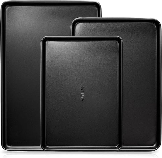 BINO Bakeware Nonstick Cookie Sheet Baking Tray Set, 3-Piece - Black | Non Stick Baking Pans Set | Carbon Steel Tray Bakeware Sets | Oven Safe | Cookie Sheet Pans | Food-Safe