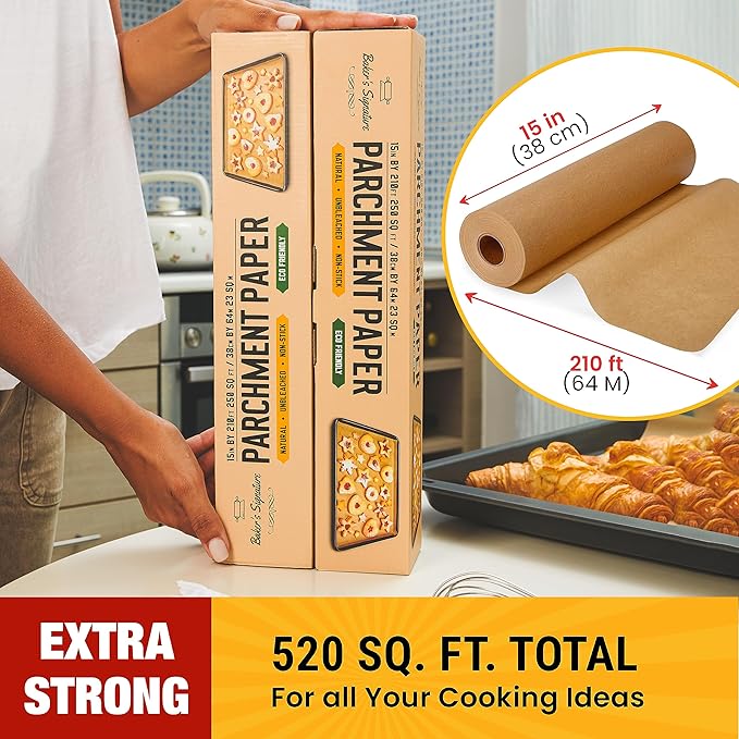 Unbleached Parchment Paper for Baking ??2-Pack 520 Sq.Ft Total - 15 in x 210 ft Baking Paper Roll with Cutter, Non-Stick Brown Parchment for Baking, Cooking, Grilling, Steaming by Baker?™s Signature