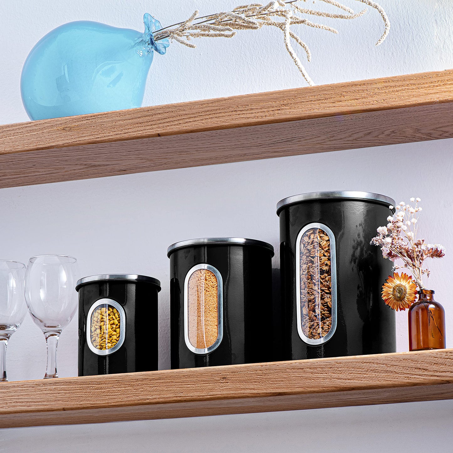 Mixpresso 3-Pcs Black Canisters Set for Kitchen Storage Airtight Jars