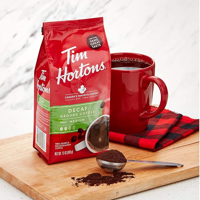 Tim Hortons Decaf Blend, Medium Roast Ground Coffee, Perfectly Balanced, Always Smooth, Made with 100% Arabica Beans, 72 Ounce (6 x 12 oz Bags)