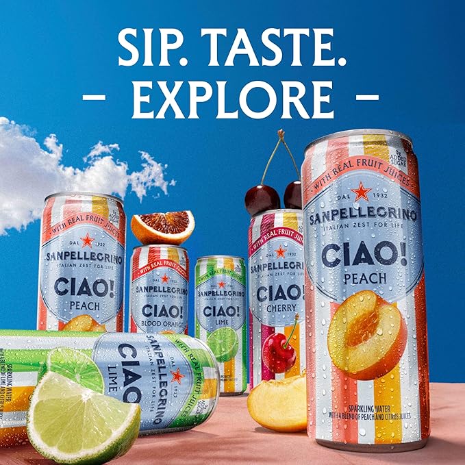 Sanpellegrino CIAO Cherry Sparkling Water, Low-Calorie Italian Sparkling Water with Real Fruit Juices, 0g Added Sugar, 24-Pack