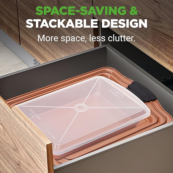 NutriChef 5 Piece Baking Pan Set - PFOA, PFOS, PTFE Free Flexible Nonstick Carbon Steel Bakeware Set - Home Kitchen Bake Pan Cookie Sheet Stackable Baking Tray Set w/Black Silicone Handles NC5PCS