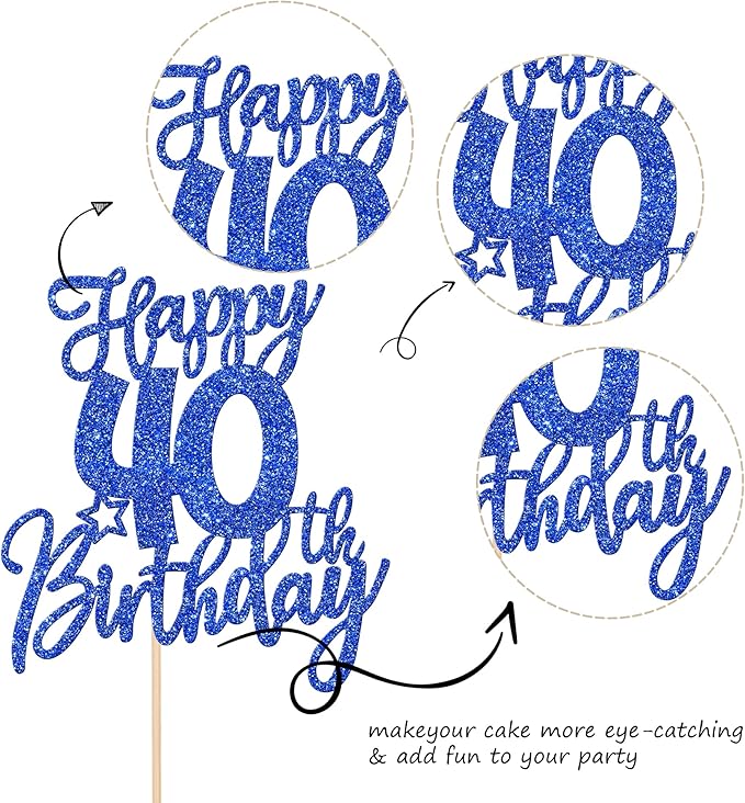 1 PCS Happy 40th Birthday Cake Topper Glitter Cheers to 40 Years Birthday Cake Pick Forty Hello 40 Fabulous Cake Decoration for Happy 40th Birthday Anniversary Party Decorations Supplies Blue