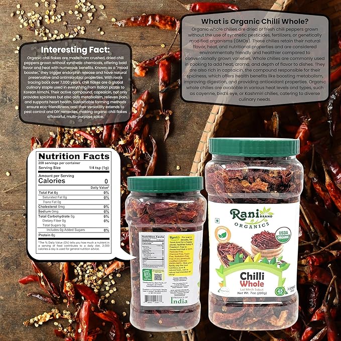 Rani Organic Chilli Whole (Lal Mirch Sabut) 7oz (200g) Bulk PET Jar ~ All Natural | Vegan | No Colors | Gluten Friendly | NON-GMO | Kosher | USDA Organic Certified