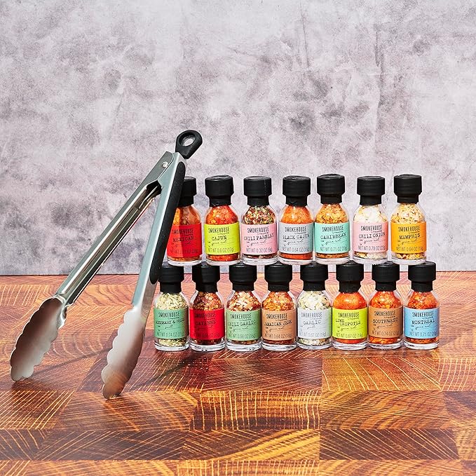 Smokehouse by Thoughtfully, Grilling Spices BBQ Set, Includes BBQ Tongs, Magnet and Flavorful Seasoning and Rubs